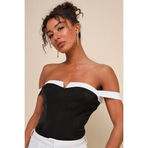 Lulus Signature Perfection Black Color Block Satin Notched Bodysuit - Size M